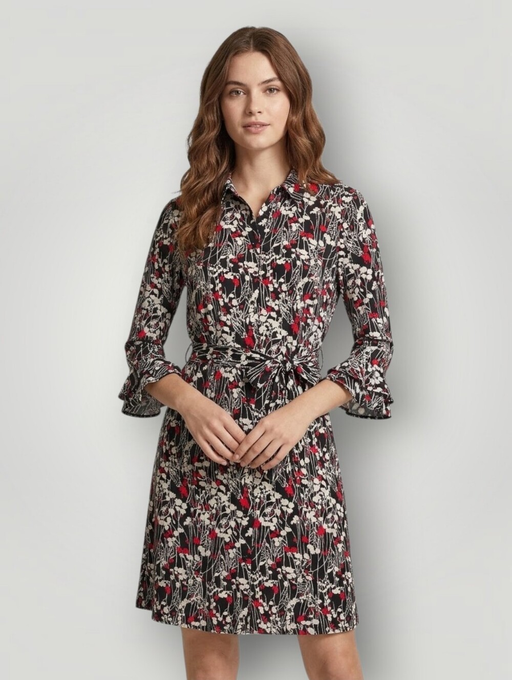 Talbots Black White Red Floral Shirt Dress Women's Medium 3/4 Sleeve Belted Knee